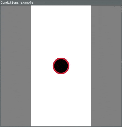 A square screen with a white stripe center and a black circle overlapping a colored circle that changes position and background color when the mouse is held down.