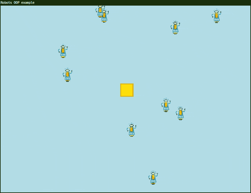 Random robot objects roam around the screen. One robot grabs the yellow box, but it is again stolen several times by other robots. Random robots moving around the screen. One robot grabs the yellow box, but it is stolen again several times by other robots