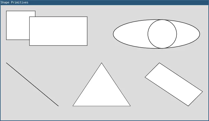 A gray window with white shape primitives: rectangle overlapping square; ellipse, circle and arc creating appearance of an eye; individual line, triangle, and quad. Shape primitives example