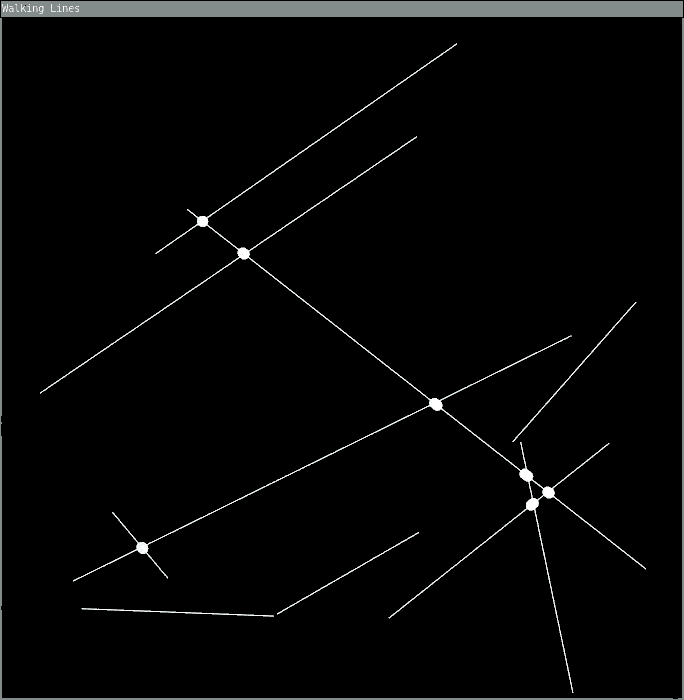 Intersecting lines bounce around the screen, their points of intersection highlighted with larger circles