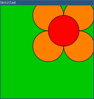 a flower with red center and 4 orange pedals in top right of window