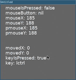 a debugging-style screen showing the output of various built-in event commands for the mouse and keyboard