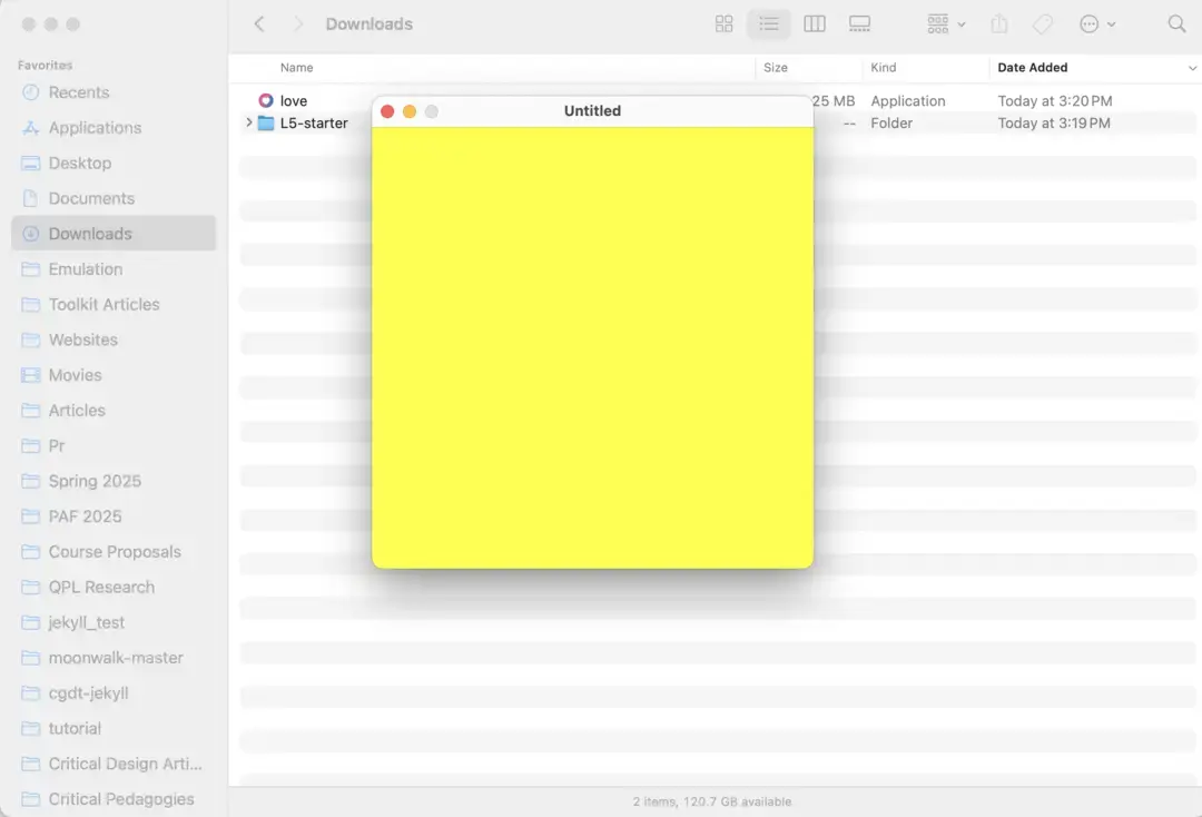 A yellow background window appearing on top of folder holding L5 Starter and love application A yellow background window appearing on top of folder holding L5 Starter and love application