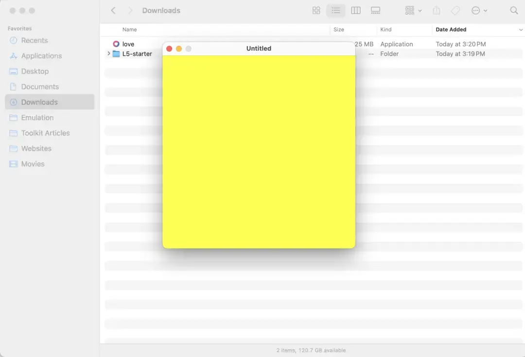 A yellow background window appearing on top of folder holding L5 Starter and love application